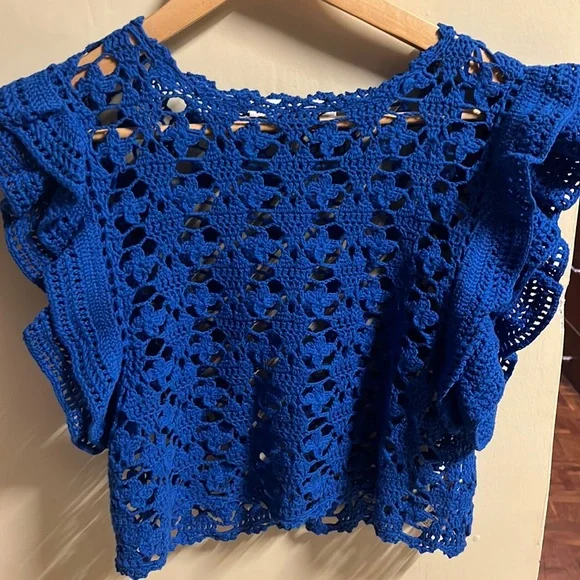Zara Neon Blue Knit Top With Ruffles - Picture 2 of 3